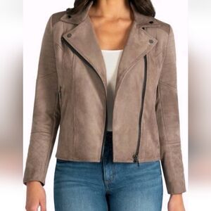 NWT Kut From The Kloth Quilted Panel Faux Suede Moto Jacket Taupe Brown Large